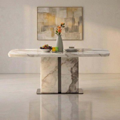 Royaloak Phoenix American Marble Dining Table 4 Seater, Premium Rectangular Marble Top, Rounded Edges, Pedestal Base with Black Nickel Accents, Luxury Dining Table, W 17.32 X D 17.71 X H 33.85 Inches