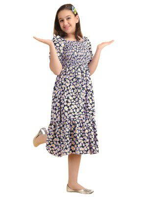 ROYALTAYLOR Crepe Solid Square Neck Short Sleeve Knee-Length Girls' Dresses