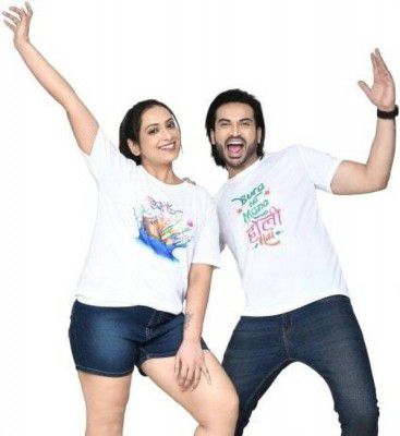 Roys Pack of 2 Couple Printed Round Neck Polyester White T-Shirt
