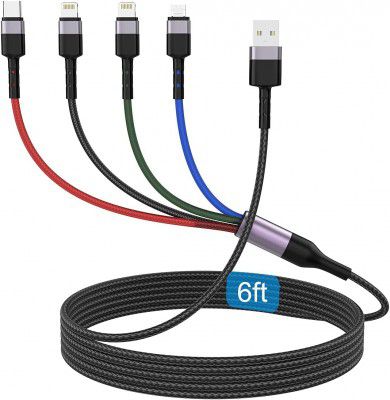 rts 4 in 1 Fast Charging Multi Universal iPhone Charging Cable Adapter 2.4A ( 1.2M / 3.93 Feet ) Lightning2+Type C+Micro USB Long Nylon Braided USB to I IPhone Lightning Fast Charging and Data Sync Ca