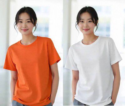 RUBYKNITS Pack of 2 Women Solid Round Neck Polyester Orange, White T-Shirt