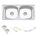 Ruhe Oval Double Bowl 37 x 18 x 8 inches Kitchen Sink | Premium Stainless Steel Oval Double Bowl Kitchen Sink | Glossy Finish | Sink Coupling and Waste pipe - Bright Silver...