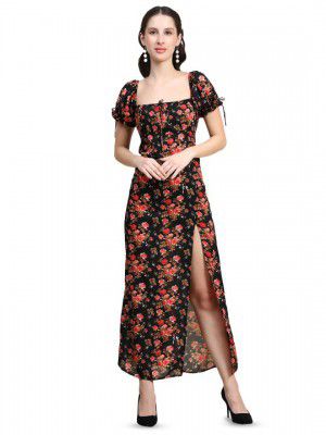 Rujave Floral Print Applique Crepe Maxi A-Line Dress
