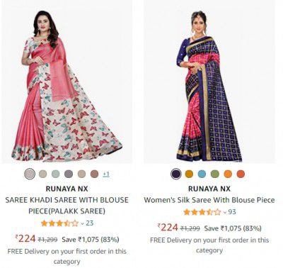 RUNAYA NX Women's Sarees up to 85% Off starting @ ₹194