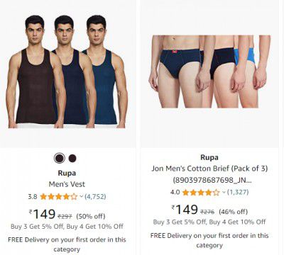 Rupa Men's Innerwear at Minimum 35% off, from ₹149