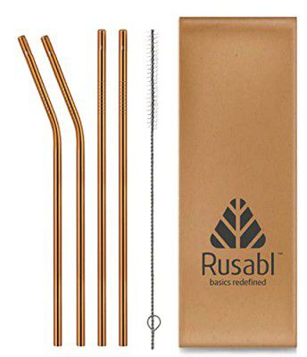 Rusabl Pack of 4 Stainless Steel Straws with Cleaning Brush for Kids & Adults, Reusable Metal Straws, Paper Packaging Cutlery (2 Straight & 2 Bent, Copper)