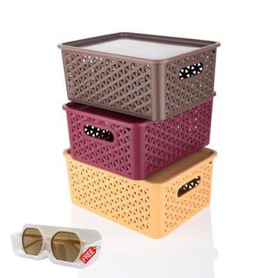 RUSHIL WERE Multipurpose Solitaire Storage Basket with Lid | Pack of 3 | Multicolor