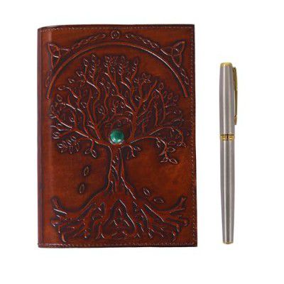 RusticVinatge Combo Of Tree of Life Leather Journal Notebook, 6X8 Inches And Titanium Finish Exclusive Roller Pen, Black Ink, Ideal For Corporate Gifting, Festive Gifting
