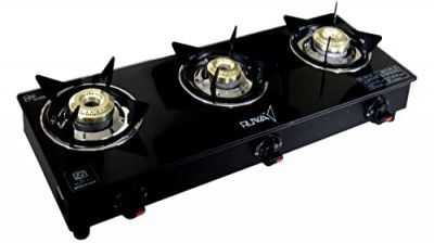 RUWA Glass Top 3 Burner Gas Stove | Manual Ignition | Lpg Compatible | Isi Certified, Black