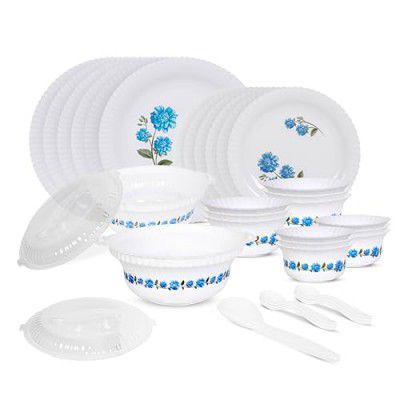 RYLAN Blue Dinner Set | 36 Pieces for Family of 6 | White