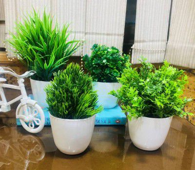 Ryme Small Size Set Of 4 Artificial Plants With Pot For Home And Office Decor Bonsai Wild Artificial Plant with Pot (11 cm, Green)