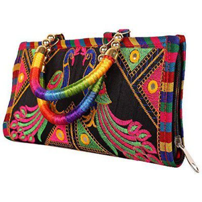 S A Gifts Sai Amrut Women’s Cotton Clutch Hand Bag with Embroidery Work Purse (Black_25 x 13 x 2)