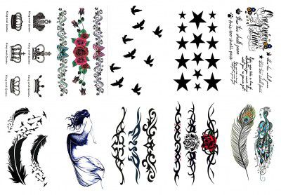 S.A.V.I 10pcs. Temporary Tattoo Stickers Of Crown, Birds, Stars, Mermaid, Peacock Feather 2 g