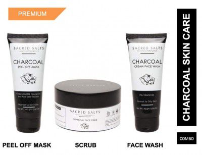 Sacred Salts Charcoal Face Wash, Face Scrub & Peel Off Mask | Deep Cleasing & Natural Glow | 100% Organic for Men & Women | Combo Pack - Set of 3