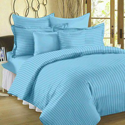 SADASHIV 210 TC Glace Cotton Satin Stripes Plain Bedsheet King Size Double Bed with Two Pillow Covers (Aqua Blue)
