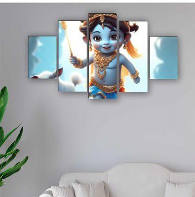 SAF Bal krishna Paintings for Living Room | Painting for Wall Decoration | 3D Wall Art for Bedroom | Kanha Religious Wall Painting Set of 5 (75 x 45 cms) SANFPNLS35522