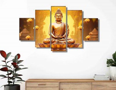 SAF Buddha Paintings for Living Room | Painting for Wall Decoration | 3D Wall Art for Bedroom | Nmo Buddhay Religious Wall Painting Set of 5 (75 x 45 cms) SANFPNLS35521