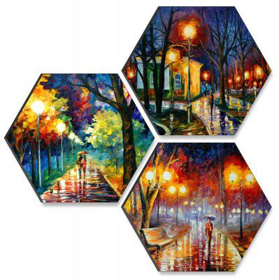 SAF couple walking UV Textured MDF Set of 3 Hexagon Painting 17 Inch X 17 Inch SANFHX128