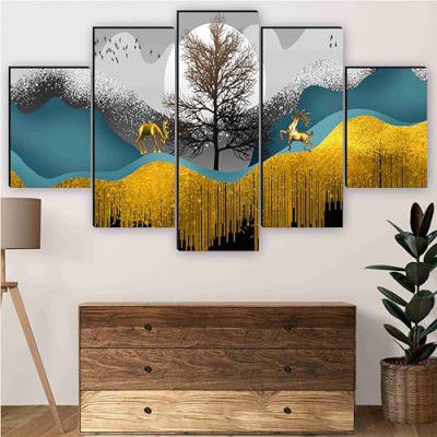 SAF Deer Paintings for Wall Decoration - Set Of Five, 3d Scenery Vastu Painting for Living Room Large Size with Frames for Home Decoration, Hotel, Office 76.2 cm x 45 cm SANFPNLS35462