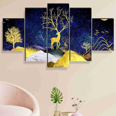 SAF Deer Paintings for Wall Decoration - Set Of Five, 3d Scenery Vastu Painting for Living Room Large Size with Frames for Home Decoration, Hotel, Office 76.2 cm x 45 cm SANFPNLS35463