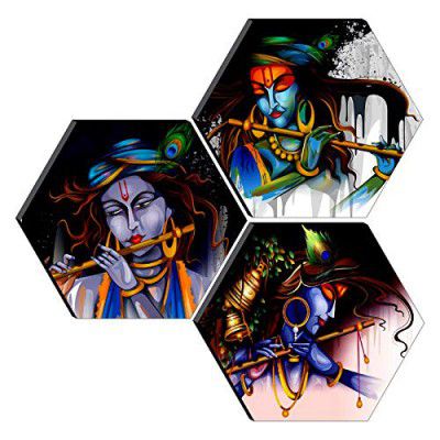 SAF Lord Krishna 3 Piece of Hexagon UV Textured Multi-Effect Self adhesive Painting 17 Inch X 17 Inch SANFHXS30671