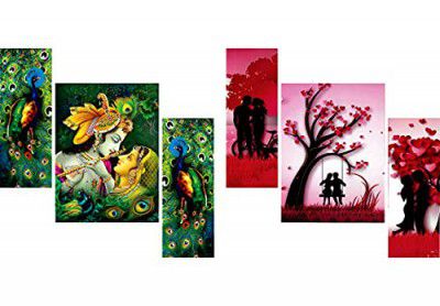 SAF paintings Beautiful Combo - Set of 3 Lord Radha Krishna Flute Love & Peacock Greenery Beautiful & Set Of 3 Couple Beautiful Painting (12 X 18 Inch)