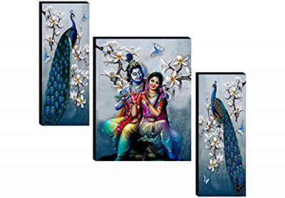 SAF paintings Set of 3 Radha Krishna with Couple Peacock UV Textured Home Decorative Item Self Adhesive Painting 18 Inch X 12 Inch SANFJM31078- Multi Color