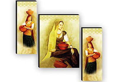 SAF paintings Set of 3 Traditional Rajasthani Ladies Paintings for living room with frame Self Adeshive UV Textured MDF Framed Painting 12 Inch X 18 Inch SAF-JM7725