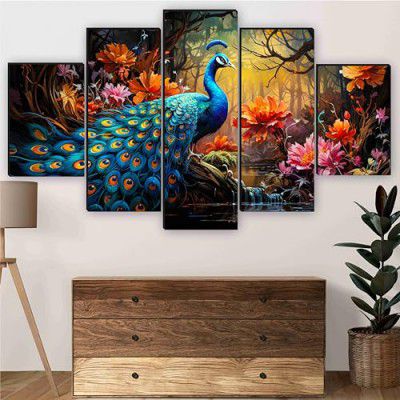 SAF Peacock Paintings for Wall Decoration - Set Of Five SANFPNLS35471