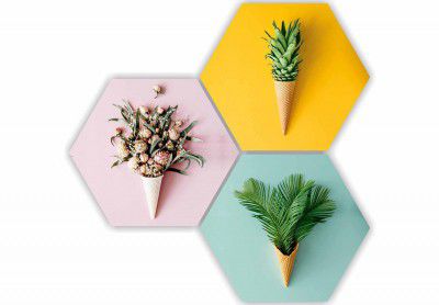 SAF Preety Floral Flower and Leaf in Cone Pot 3 Piece UV Textured Multi-Effect Self adheshive Painting 17 Inch X 17 Inch SANFHX141,Multicolour