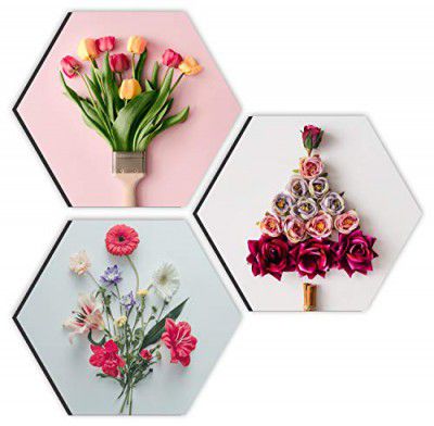 SAF Preety Flower and Leaf in Cone Pot 3 Pieces UV Textured Multi-Effect Self adheshive Painting 17 Inch X 17 Inch SANFHX31155
