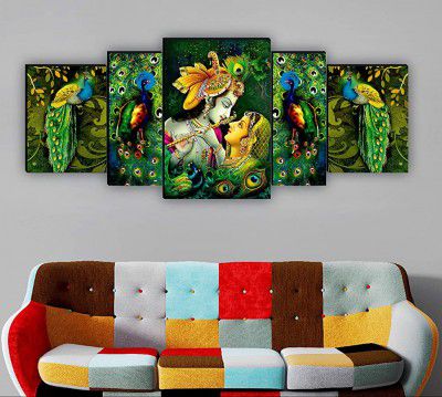 SAF SANFPNL31177 Radhe Krishna with Couple Peacock UV Textured Home Decorative MDF Panel Painting - Set of 5