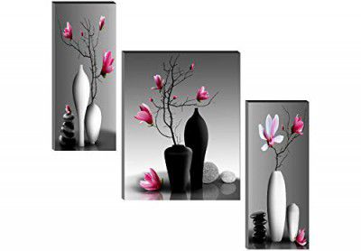 SAF Set of 3 Beautiful Flower Pot UV Textured Self adeshive wall painting for living room with mdf 18 Inch X 12 Inch SANFJM31370