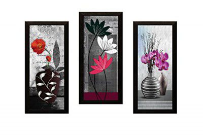 SAF Set of 3 Flower Floral Pot UV Coated Home Decorative Gift Item Framed Painting 17 inch X 24 inch SANF1000016
