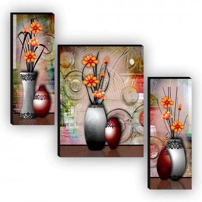SAF Set of 3 Flower Pot UV Textured Paintings for living room with frame Painting 12 Inch X 18 Inch SAF-JM9131