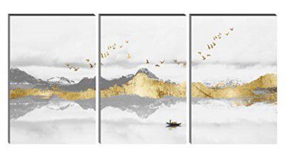 SAF Set of 3 golden mountain abstract MDF Self Adhessive UV Textured Painting 36 Inch X 18 Inch(Each Painting Size 12 Inch X 18 Inch) PHSX30239