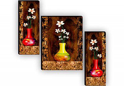 SAF Set of 3 Preety Flower Pot UV Textured Self adeshive Paintings for living room with frame Painting 18 Inch X 12 Inch SAF-JM4951