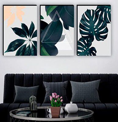 SAF Set of 3 Preety Green Leaf Modern Art MDF Self Adhessive UV Textured Painting 27 Inch X 12 Inch(Each Painting Size 12 Inch X 9 Inch) PHC30200
