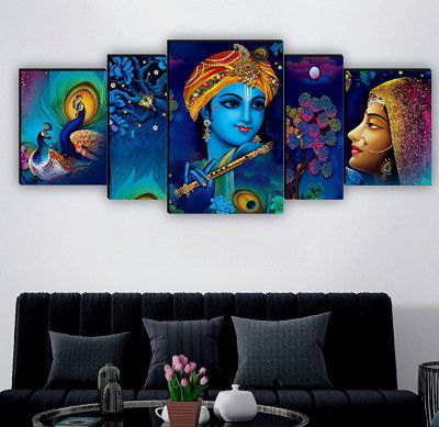 SAF Set of 5 Radha Krishna with couple peacock UV Textured Home Decorative Gift Item MDF Panel Painting 18 Inch X 42 Inch SANFPNL31211