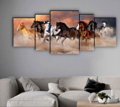 SAF Set of 5 Seven Running Horses vastu UV Textured Home Decorative Gift Item MDF Panel Painting 18 Inch X 42 Inch SANFPNL31210