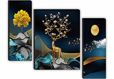 SAF Unique 3D Print Deer Nature Modern Art MDF Framed Painting (SANFJM31040, Multicolour, 12 inch x 18 inch, Set of 3)