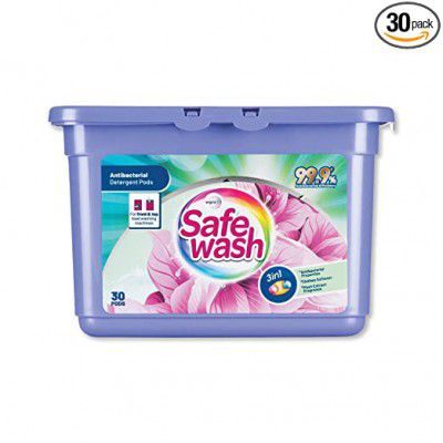 Safewash Anti Bacterial Liquid Detergent Pods Box for both Front load and Top Load Washing Machines, 30 units, White