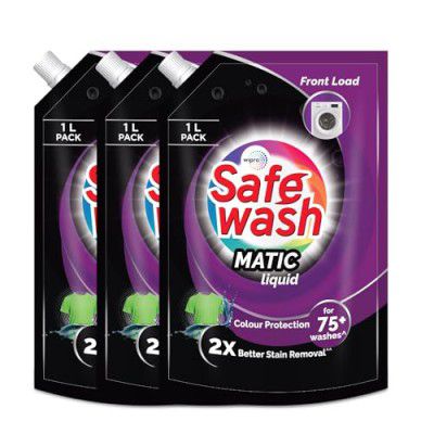 Safewash Front Load Matic 1L Refill Pouch Pack of 3 Premium Liquid Detergent with Colour-Protect Technology