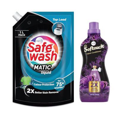 SafeWash Matic Top Load Liquid Detergent 1 Kg & Softouch Fresh 2X French Perfume Fabric Conditioner 800ml
