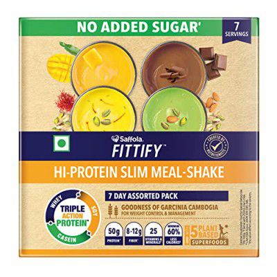 Saffola FITTIFY Hi-Protein Weight Loss Shake|Meal Replacement Shake for Men and Women|Assorted Flavours -Swiss Chocolate, Cappuccino Coffee, Royal Kesar Pista & Pistachio Almond, Pack of 7 (35g each)