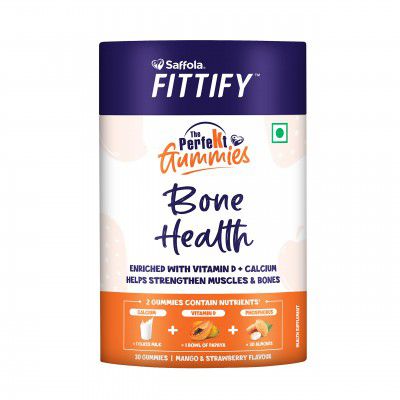Saffola Fittify The Perfekt Bone Health Gummies for Kids & Adults | Enriched with Vitamin D & Calcium | Strengthen Muscles & Bones | 30 Gummies | Mango & Strawberry Flavour