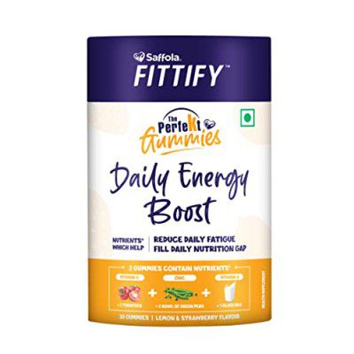 Saffola Fittify The PerfeKt Daily Energy Boost Gummies For Kids & Adults | Nutrients like Vitamin C, Vitamin A & Zinc reduces Daily Fatigue | 30 Gummies | Lemon & Strawberry Flavour
