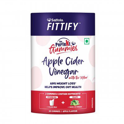 Saffola FITTIFY The Perfekt Gummies | Apple Cider Vinegar with The Mother | 30 Gummies | Weight Management | Nutrients Like Vitamin B12 & Folate Helps in Weight Loss | Apple Flavour