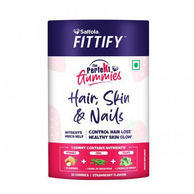 Saffola Fittify The Perfekt Hair, Skin & Nail Care Gummies for Adults & Kids above 13 years | Nutrients like Vitamin E, Zinc & Folate helps in Hair Loss & Skin Glow | 30 Gummies | Strawberry Flavour
