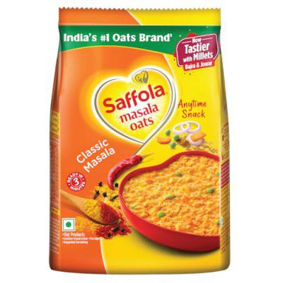 Saffola Masala Oats Classic Masala | Tasty, Anytime Snack | Ready in 3 mins | Millets Goodness- with Bajra & Jowar | No maida, No added preservatives | helps manage weight |250g